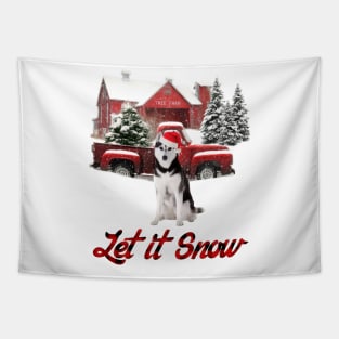 Husky Let It Snow Tree Farm Red Truck Christmas Tapestry