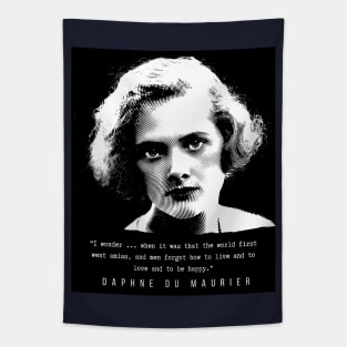 Daphne du Maurier  portrait and quote: I wonder ... when it was that the world first went amiss, and men forgot how to live and to love and to be happy. Tapestry