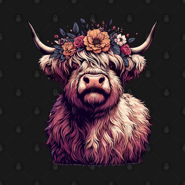 Funny scottish highland cow with flower crown by TomFrontierArt