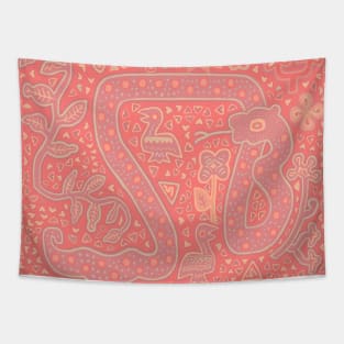 Kuna Indian Mola Serpent with Flowers - Peach Fuzz Tapestry