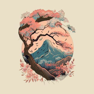 Japanese art traditional blossom tree with mountain T-Shirt