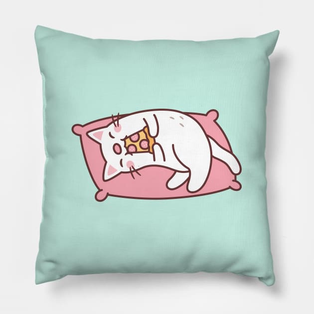 Cute White Cat Eating Pizza On Pillow Pillow by rustydoodle