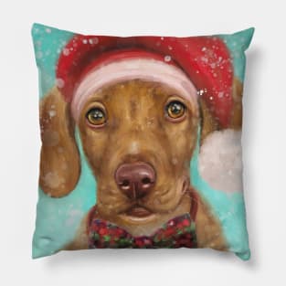 Painting of a Cute Christmas Vizsla Puppy with Red Santa Hat and a Festive Bow Tie Pillow