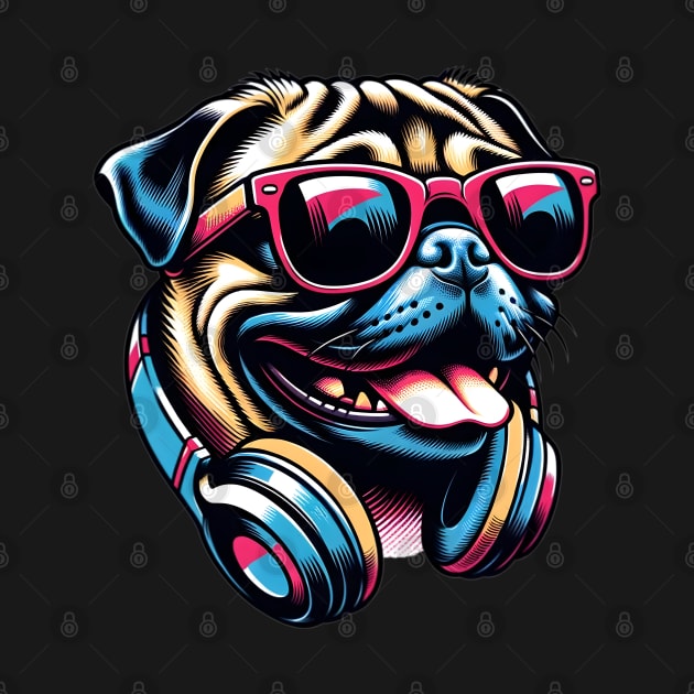 Grinning Pug DJ Enjoys Music in Bold Japanese Art by ArtRUs