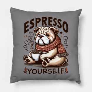 "Warm Espresso Bulldog - Cozy Coffee Humor" Pillow