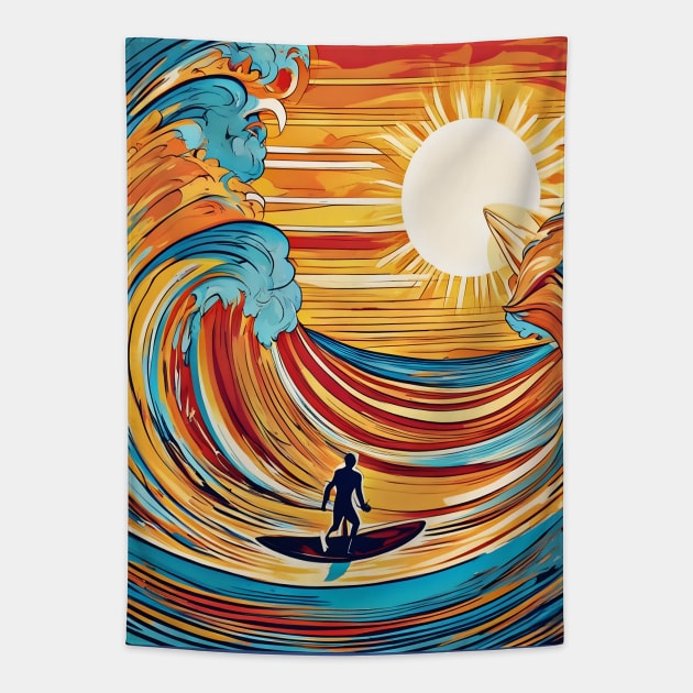 Surfer Riding the Waves in a Mesmerizing Sunlit Painting Tapestry by Fadedstar