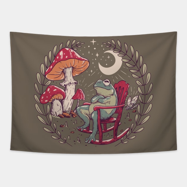 Goblincore Aesthetic Cottagecore Frog Sitting on a Rocking Chair - Color Version - waiting for mushrooms to grow - Mycology Shrooms Tapestry by anycolordesigns