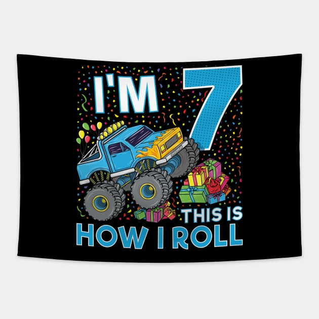 7th Birthday Monster Truck Party Gift 7 Year Old Boy Tapestry by silentsoularts