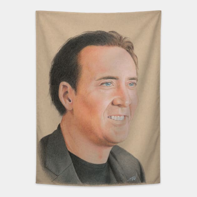 Nicolas Cage Pencil Portrait Tapestry by Sandra Warmerdam