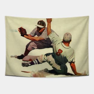 Vintage Sports Baseball, Player Sliding Safe into Home Plate Tapestry