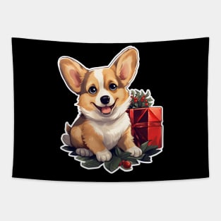 Christmas Happy Corgi with holly and gift Tapestry