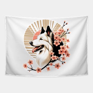 Joyful Croatian Sheepdog Amidst Spring Cherry Blossoms Tapestry