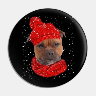 Staffordshire Bull Terriers Wearing Red Hat Christmas Pin