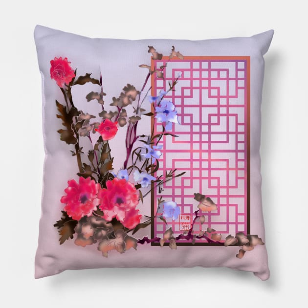 Pink sumiE watercolor flowers with a chinese lattice Pillow by cuisinecat