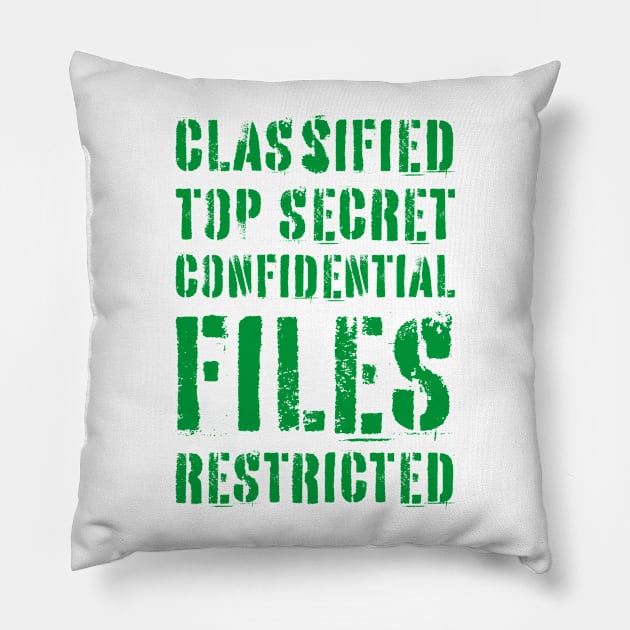 Classified Files Typography Stack (Green) Pillow by John Uttley