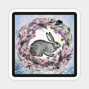 Spring Rabbit in Flower Wreath, Pretty for Floral Spring Easter Bunny Magnet