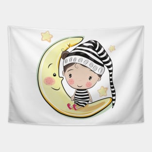 Cute Boy on the Moon Tapestry