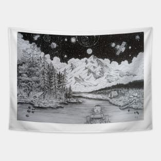 Random Lineart Nature, camping, mountains Tapestry