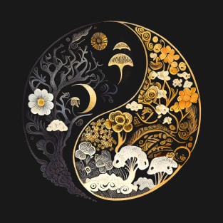 Golden Floral Mushroom Ying Yang Design T-Shirt