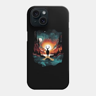 Mythical Landscape with Northern Lights and Reindeer - Vector Art Design Phone Case