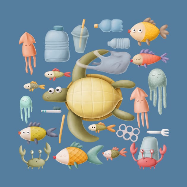 Plastic ocean with turtle and fishes. by CaptainPixel