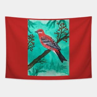 Pine grosbeak in the evergreen forest Tapestry