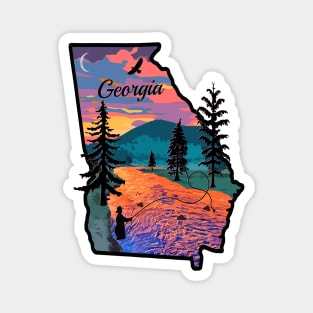 Fly Fishing Georgia State Map Mountain Sunset River Retro Magnet