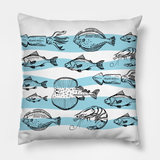 Sea Fishes - Hand Drawn - Striped Pillow by SoftFigurine