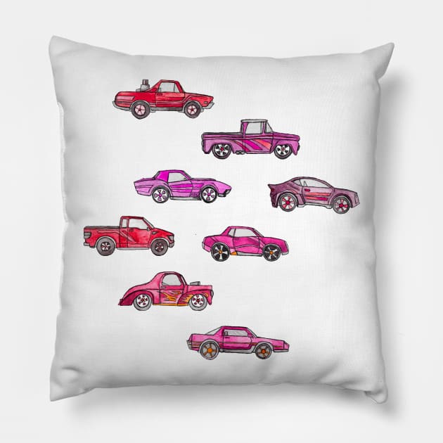 Little Toy Cars in Watercolor on Pink Pillow by micklyn