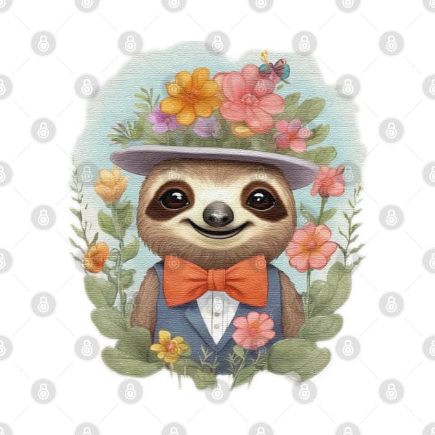 cute little sloth wearing a hat and a bow tie by JnS Merch Store