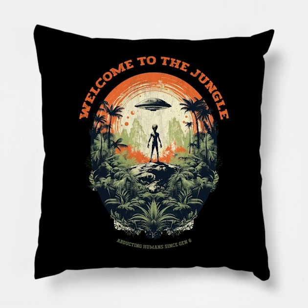 Retro Alien Abduction: Genesis 6 - Peru Jungle - Alien Jungle Watchers Pillow by Graphics Gurl