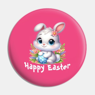 Cute White Easter Bunny with Blue Egg Pin