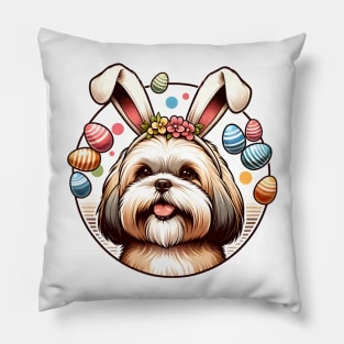 Lhasa Apso's Joyful Easter Celebration with Bunny Ears Pillow