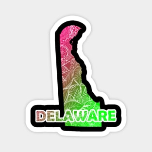 Colorful mandala art map of Delaware with text in pink and green Magnet