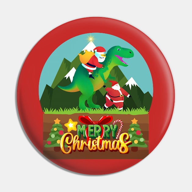 Santa Claus riding a dinosaur Pin by Tee Trendz