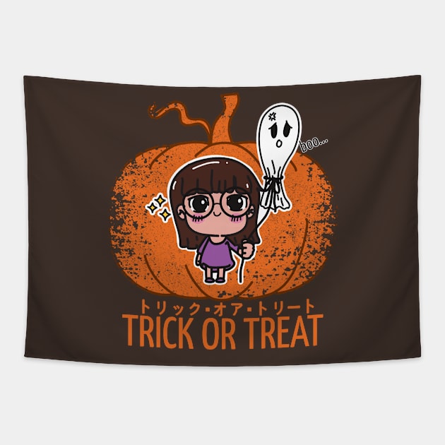 Kawaii Girl and the Unhappy Spirit: Halloween Charm on Pumpkin Background Tapestry by InnerYou