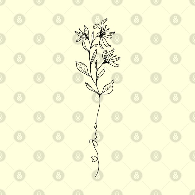 Minimalist Botanical Drawing Honeysuckle June Birth Flower by Tina