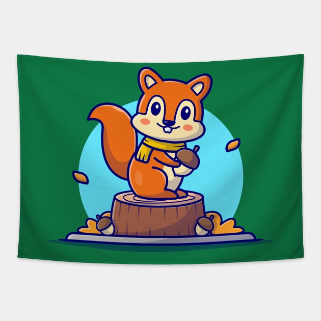 Happy Cute Squirrel Holding Acorn Cartoon Vector Icon Illustration (2) Tapestry by Catalyst Labs