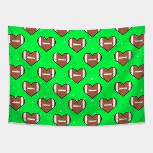 American Football Ball Texture In Heart Shape - Seamless Pattern on Green Background Tapestry