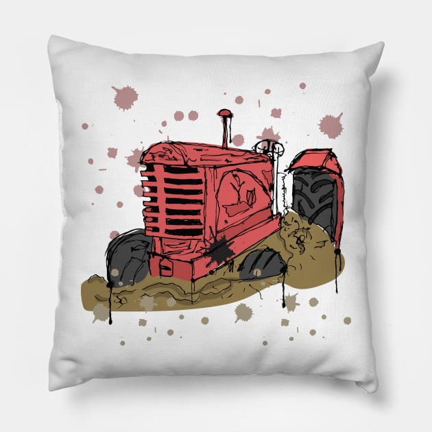 Abandoned red tractor watercolor sketch Pillow by linespace-001