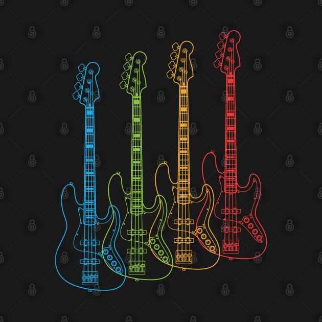 Four J-Style Bass Guitar Outlines Multi Color by nightsworthy