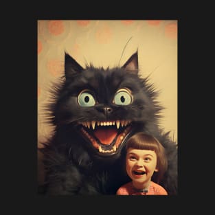 Vintage Little Girl and Creepy Cat - Enchanting Retro Art T-Shirt