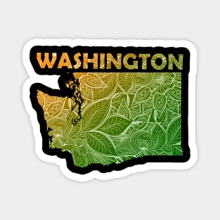 Colorful mandala art map of Washington with text in green and orange Magnet