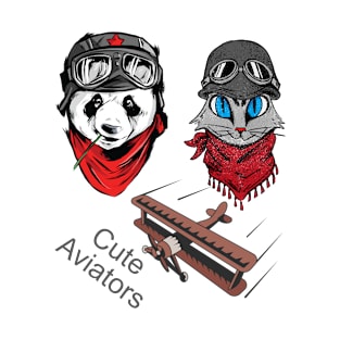 Cute Panda and cat couple in flying hat  and goggles T-Shirt