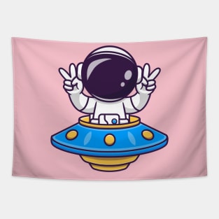 Cute Astronaut Riding UFO With Peace Sign Cartoon Tapestry