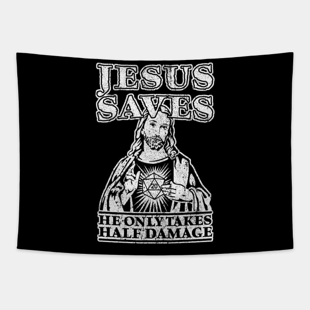 Jesus Saves. He Only Takes Half Damage. Tapestry by huckblade