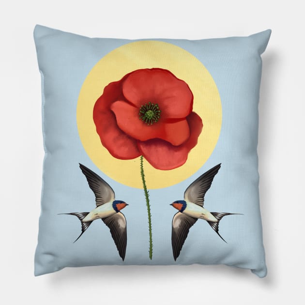 Swallows & poppy Pillow by Leticia Powers 