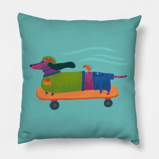 Hot Dog - Wiener Dachshund riding a skateboard with bird Pillow