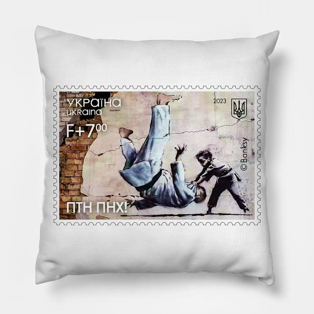 Ukraine 2023, "ПТН ПНХ!" (FCK PTN!) Banksy Graffiti / Ukrainian Stamp Pillow by Vladimir Zevenckih