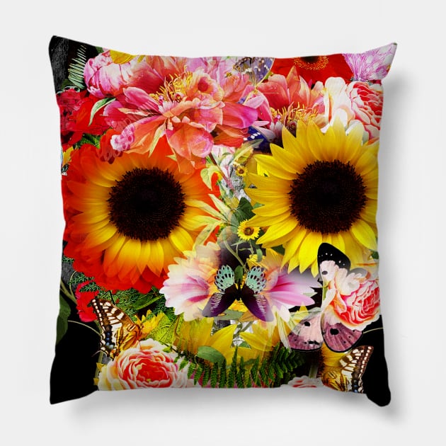 Sage Tribe Skull With sunflowers Pillow by Collagedream